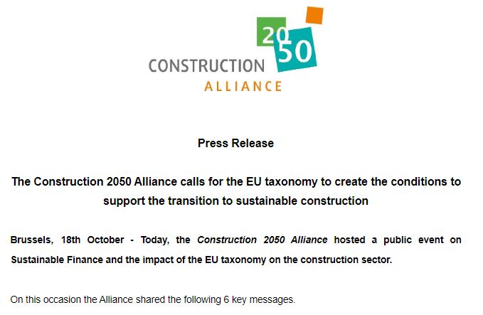 EU Taxonomy: EBC President calls for a pragmatic and SME-friendly sustainable finance framework in Construction 2050 Alliance event