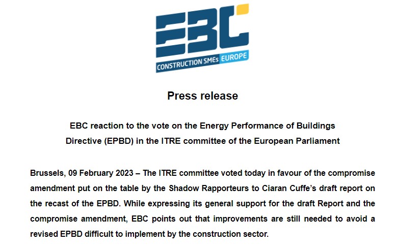 EPBD: EBC reaction to vote in ITRE committee