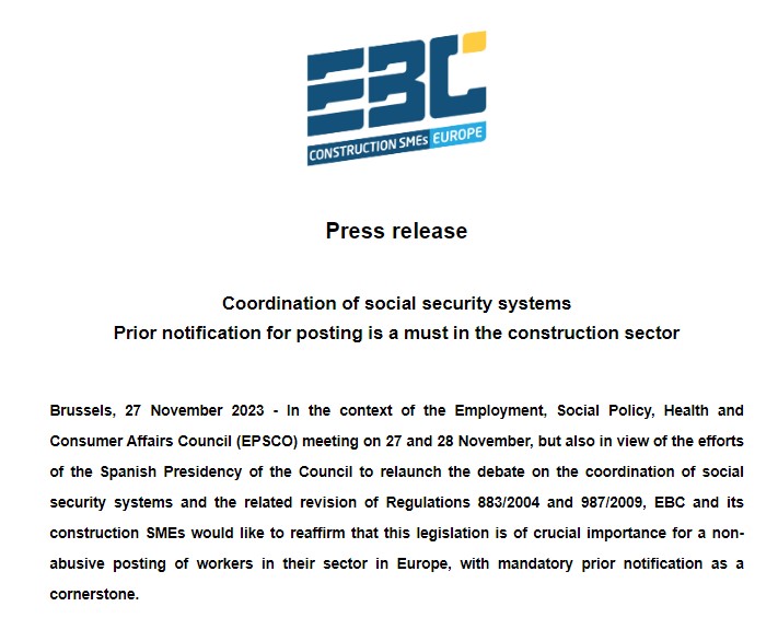Posting of workers: Coordination of social security systems – Prior notification for posting is a must in the construction sector