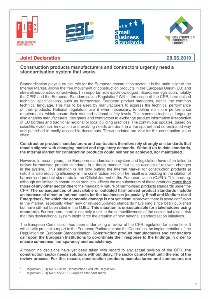 FIEC, EBC, SBS & CPE Joint Declaration on the standardisation system